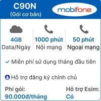  Sim 4G Mobifone C90N 4GB/Ngày - Gói cơ phiên bản 