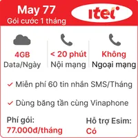  Sim 4G ITelecom May77 4GB/ngày  