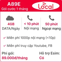  Sim 4G Local A89E 4GB/Ngày 