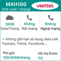  Sim Viettel MXH100 1GB/Ngày - Gói cước 1 tháng 