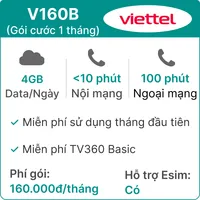  Sim Viettel V160B 4GB//Ngày - Gói cước 1 thàng 