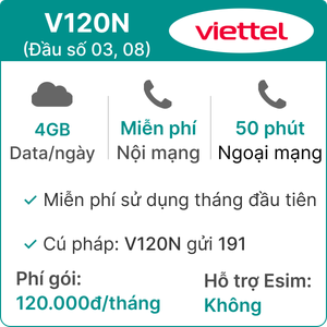  Sim 4G Viettel V120N 4GB/ngày Đầu số 03,08 