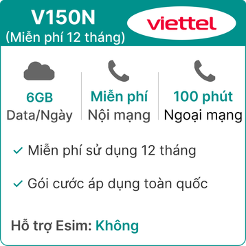Sim 4G Viettel V150N 6GB/Ngày - Miễn phí 12 tháng
