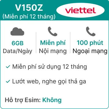 Sim 4G Viettel V150Z 6GB/Ngày - Miễn phí 12 tháng