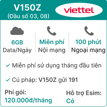 Sim 4G Viettel V150Z 6GB/Ngày - Đầu số 03,08 - Gói cơ bản