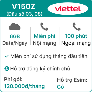 Sim 4G Viettel V150Z 6GB/Ngày - Đầu số 03,08 - Gói cơ bản