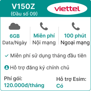 Sim 4G Viettel V150Z 6GB/Ngày - Đầu số 09 - Hỗ Trợ Esim
