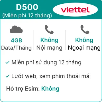 Sim 4G Viettel D500 Trọn Gói 4GB/Tháng