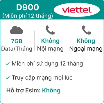 Sim 4G Viettel D900 Trọn Gói 7GB/Tháng