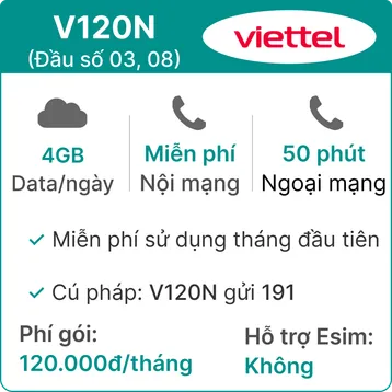 Sim 4G Viettel V120N - Đầu số 03,08