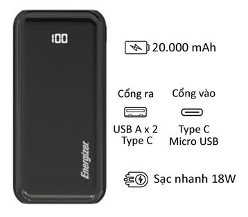 Pin sạc dự phòng Energizer PD 18W 20.000mAh UE20011PQ