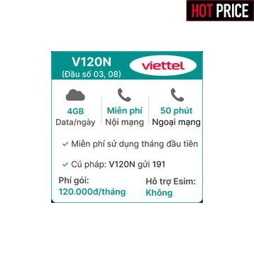 Sim 4G Viettel V120N - Đầu số 03,08