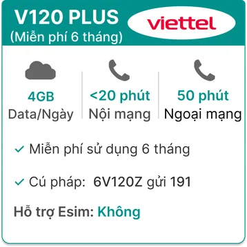 Sim 4G Viettel V120 Plus - Miễn phí 6 tháng - Đầu số 03,08