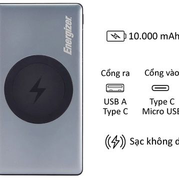 Pin dự phòng Energizer 10000 mAh hỗ trợ sạc không dây 5W - QE10000