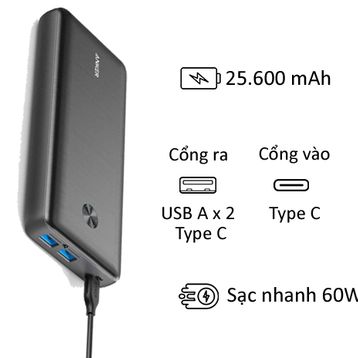 Pin sạc dự phòng Anker Power 3 A1290 60W PD 25.600 mAh