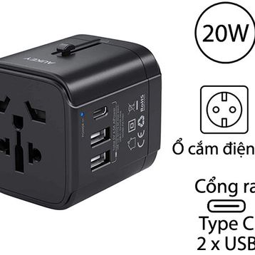 Sạc 3 Cổng Aukey PA-TA01 (2 Cổng USB 1 Cổng Type-C) Tích Hợp Ổ Cắm Điện AC