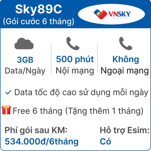 Sim 4G Vnsky Sky89C 3Gb/Ngày - Miễn Phí 6 Tháng (Tặng Thêm 1 Tháng)