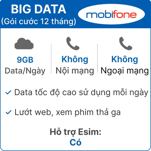 Sim Mobifone Big Data 9Gb/Ngày - Gói Cước 12 Tháng