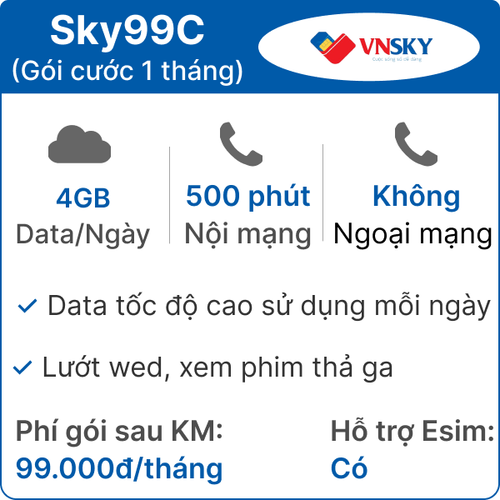 Sim 4G Vnsky Sky99C 4Gb/Ngày 