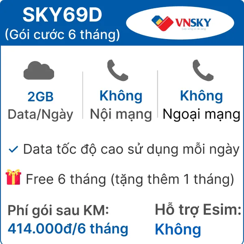 Sim 4G Vnsky Sky69D 2Gb/Ngày - Free 6 Tháng ( Tặng Thêm 1 Tháng)