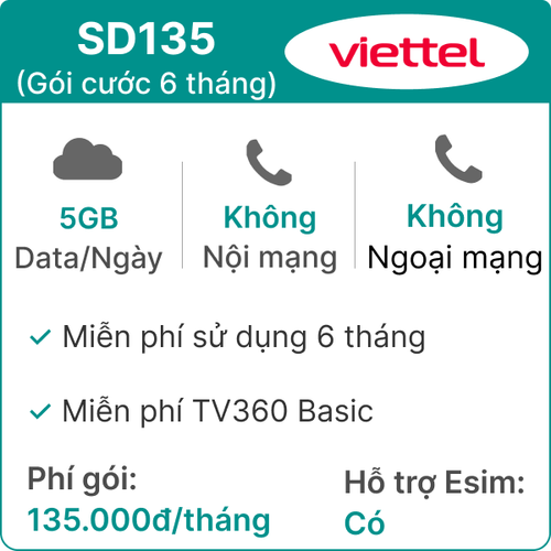 Sim Viettel Sd135 5Gb/Ngày - Gói Cước 6 Tháng