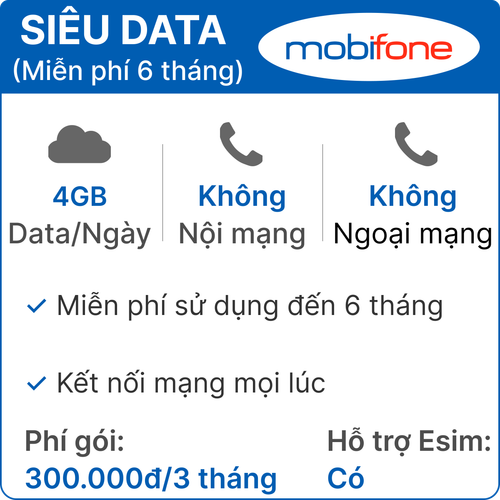 Sim 4G Mobifone Siêu Data 4Gb/Ngày - Miễn Phí 6 Tháng