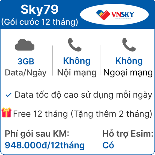 Sim 4G Vnsky Sky79 3Gb/Ngày - Miễn Phí 12 Tháng (Tặng Thêm 2 Tháng)