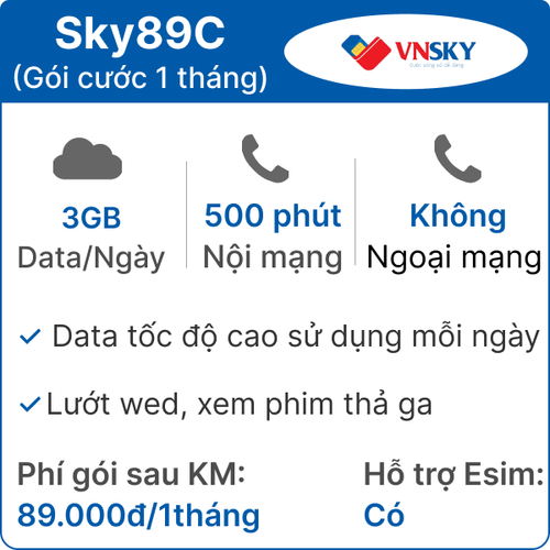 Sim 4G Vnsky Sky89C 3Gb/Ngày 