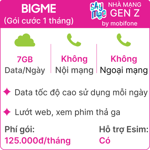 Sim Mobifone Bigme 7Gb/Ngày - Gói Cước 1 Tháng