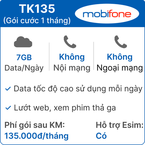 Sim Mobifone Tk135 7Gb/Ngày - Gói Cước 1 Tháng