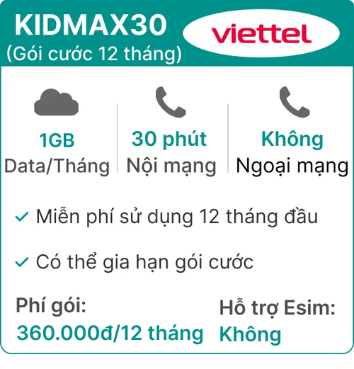 Sim 4G Viettel 12Kidmax30 Free 12 Tháng