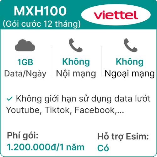 Sim 4G Viettel 12Mxh100 1Gb/Ngày (Free Tiktok - Ytb - Fb) - 12 Tháng