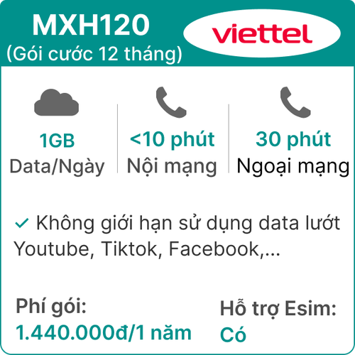 Sim 4G Viettel 12Mxh120 1Gb/Ngày (Free Tiktok - Ytb - Fb) Có Nghe Gọi - 12 Tháng