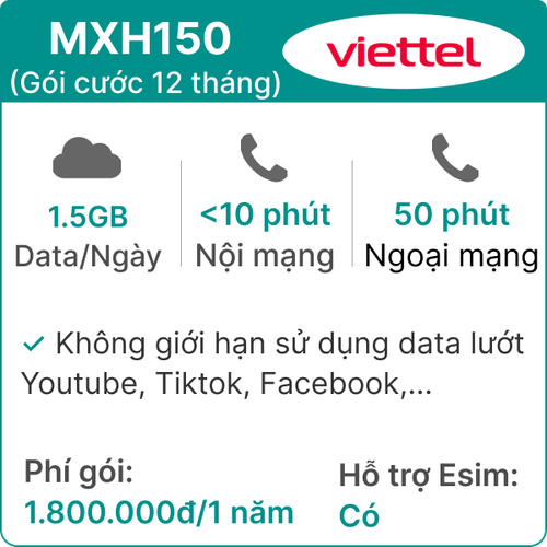 Sim 4G Viettel 12Mxh150 1.5Gb/Ngày (Free Tiktok - Ytb - Fb) Có Nghe Gọi - 12 Tháng