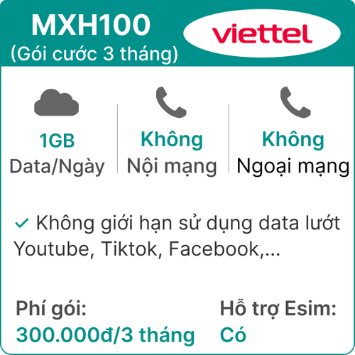 Sim 4G Viettel 3Mxh100 1Gb/Ngày (Free Tiktok - Ytb - Fb) - 3 Tháng