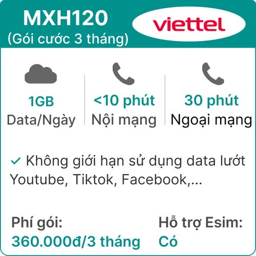 Sim 4G Viettel 3Mxh120 1Gb/Ngày (Free Tiktok - Ytb - Fb) Có Nghe Gọi - 3 Tháng