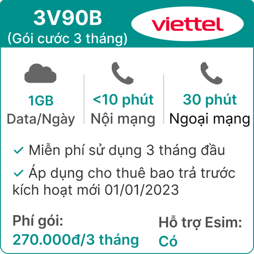 Sim 4G Viettel 3V90B 1Gb/Ngày Có Nghe Gọi - 3 Tháng