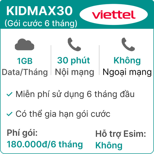 Sim 4G Viettel 6Kidmax30 Free 6 Tháng