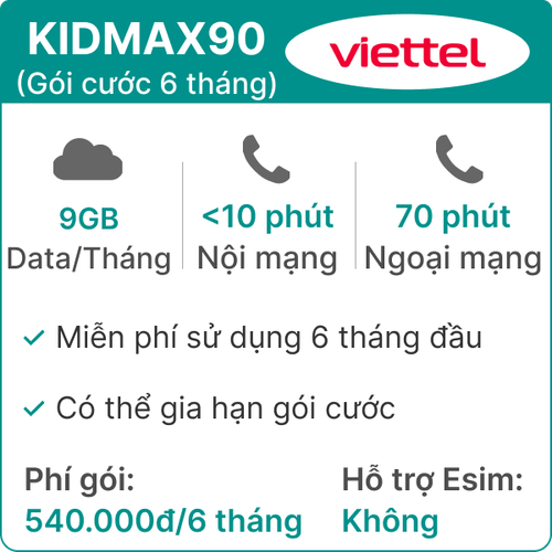 Sim 4G Viettel Kidmax90 9Gb/Tháng - 6 Tháng