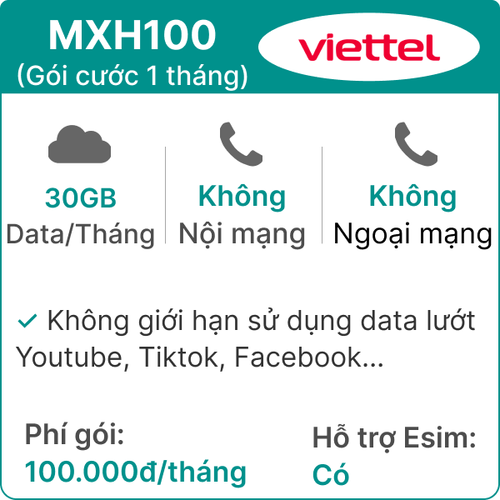 Sim Viettel Mxh100 1Gb/Ngày - Gói Cước 1 Tháng