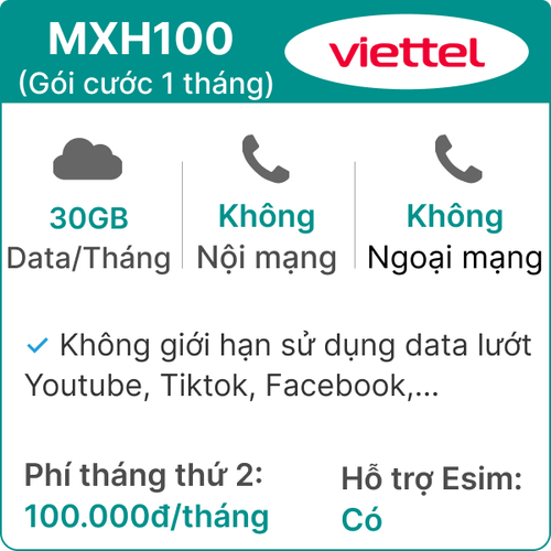 Sim Viettel Mxh100 1Gb/Ngày - Gói Cước 1 Tháng