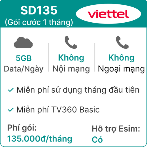 Sim Viettel Sd135 5Gb/Ngày - Gói Cước 1 Tháng