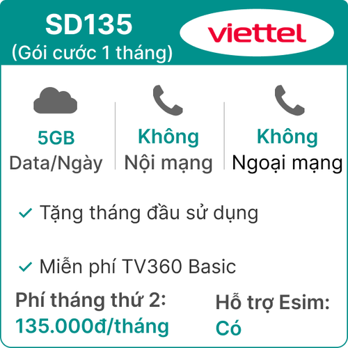 Sim Viettel Sd135 5Gb/Ngày - Gói Cước 1 Tháng