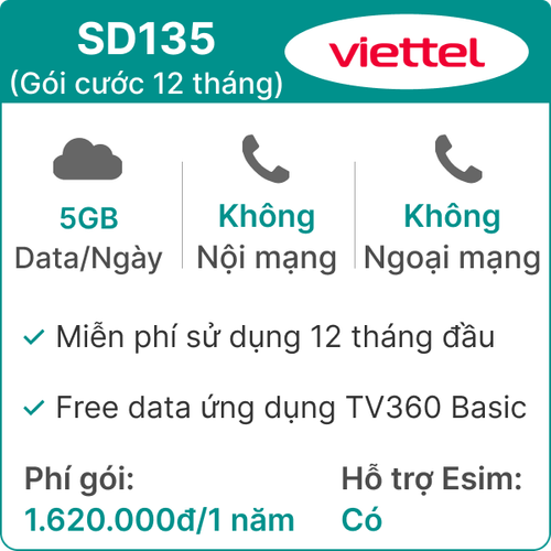 Sim 4G Viettel Sd135 5Gb/Ngày - Free 12 Tháng