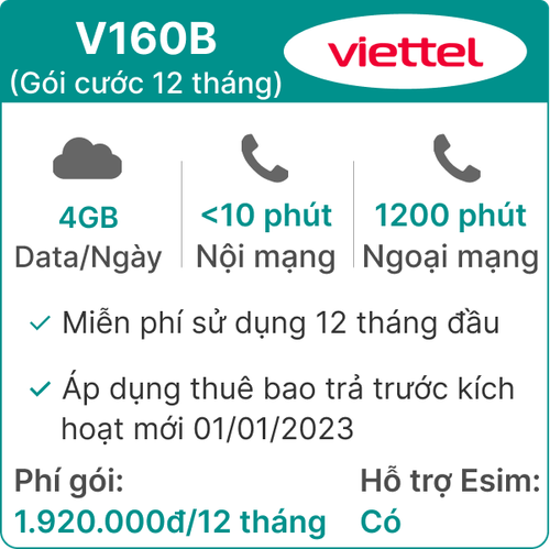 Sim Viettel V160B 4Gb/Ngày - Free 12 Tháng