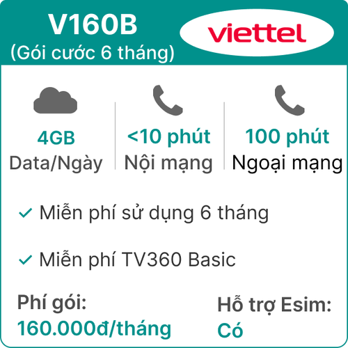 Sim Viettel V160B 4Gb/Ngày - Gói Cước 6 Tháng