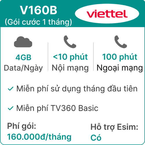 Sim Viettel V160B 4GB/Ngày - Gói cước 1 tháng