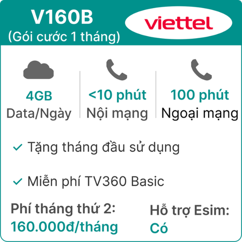 Sim Viettel V160B 4Gb/Ngày - Gói Cước 1 Tháng