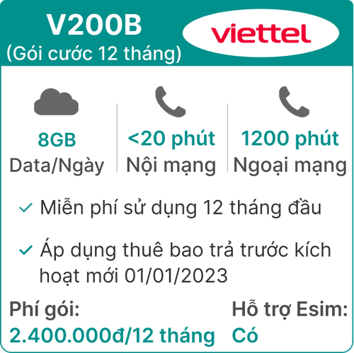 Sim Viettel V200B 8Gb/Ngày - Free 12 Tháng