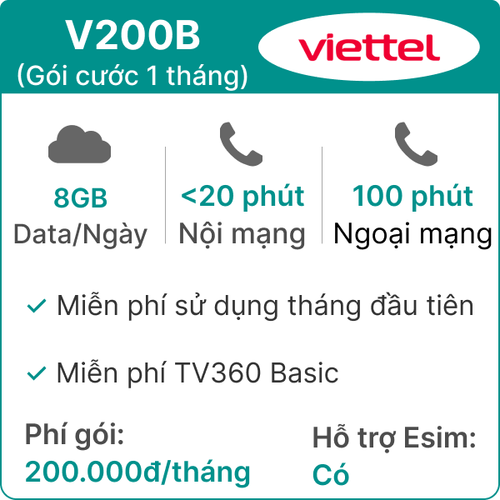 Sim Viettel V200B 8Gb/Ngày - Gói Cước 1 Tháng